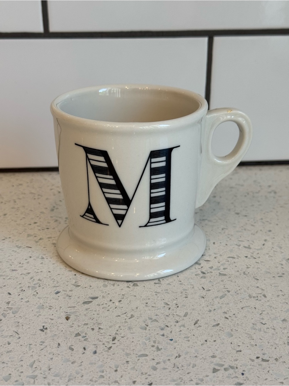 Anthropologie Monogram “M” Shaving Style Mug White Black Initial EUC